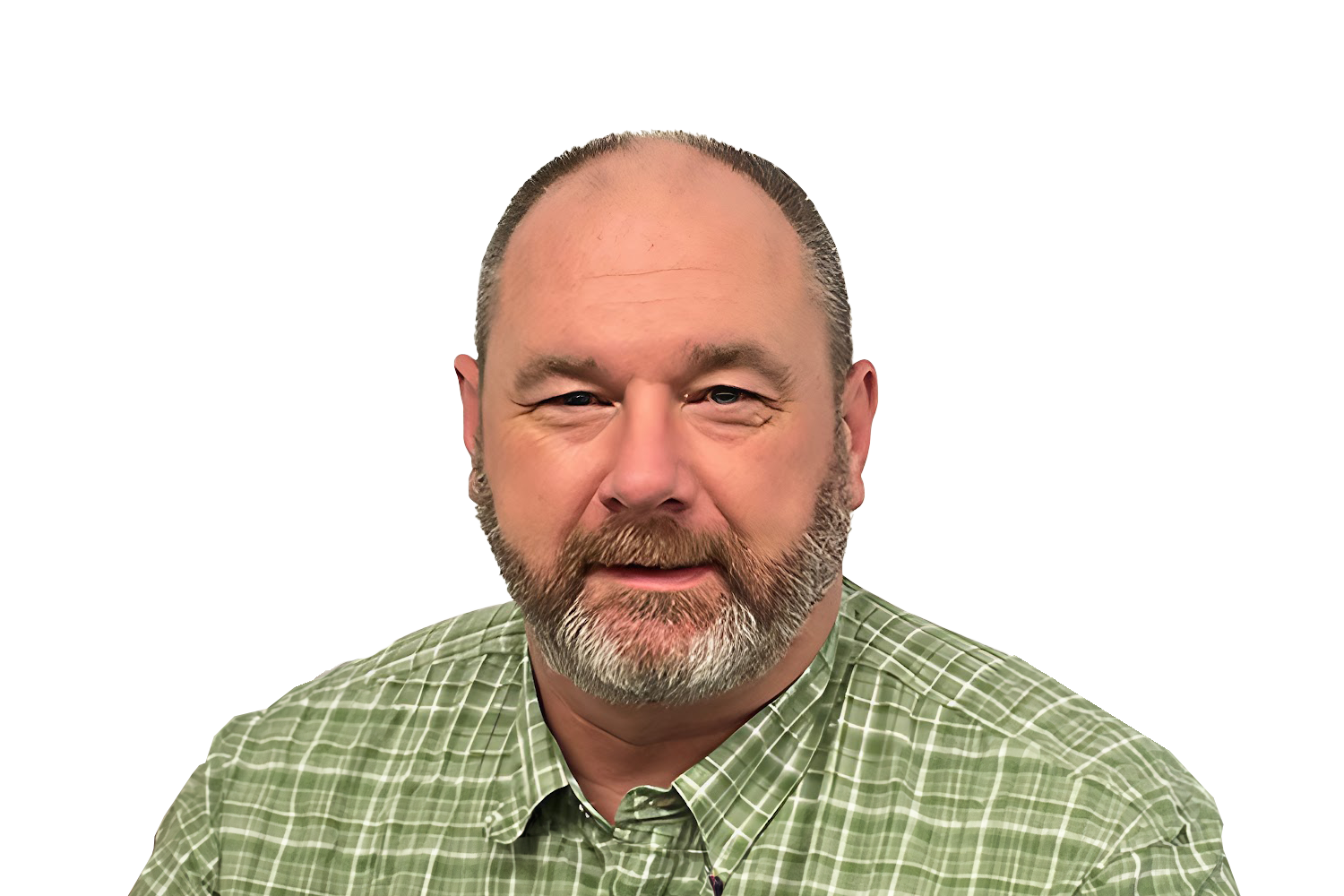 Man with a beard wearing a green plaid shirt against a white background