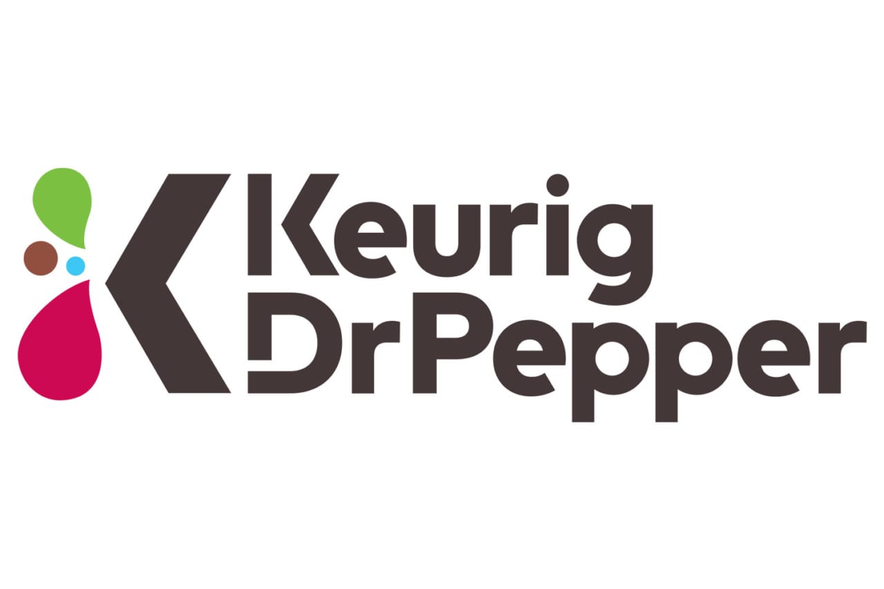 Keurig Dr Pepper logo with stylized "K" design in various colors and bold black text.