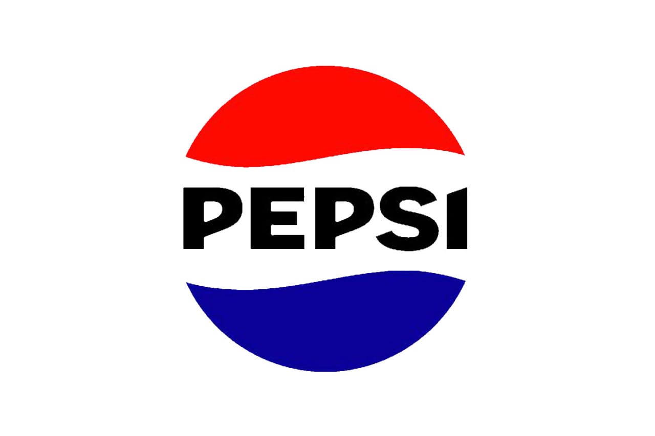 Pepsi logo with red, white, and blue circular design and bold black text in the center.