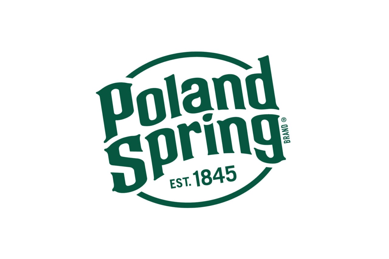 Poland Spring logo with green text and established year 1845 in a circular design against a white background