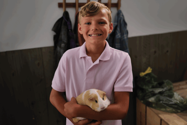 Smiling boy in pink shirt holding a guinea pig indoors.